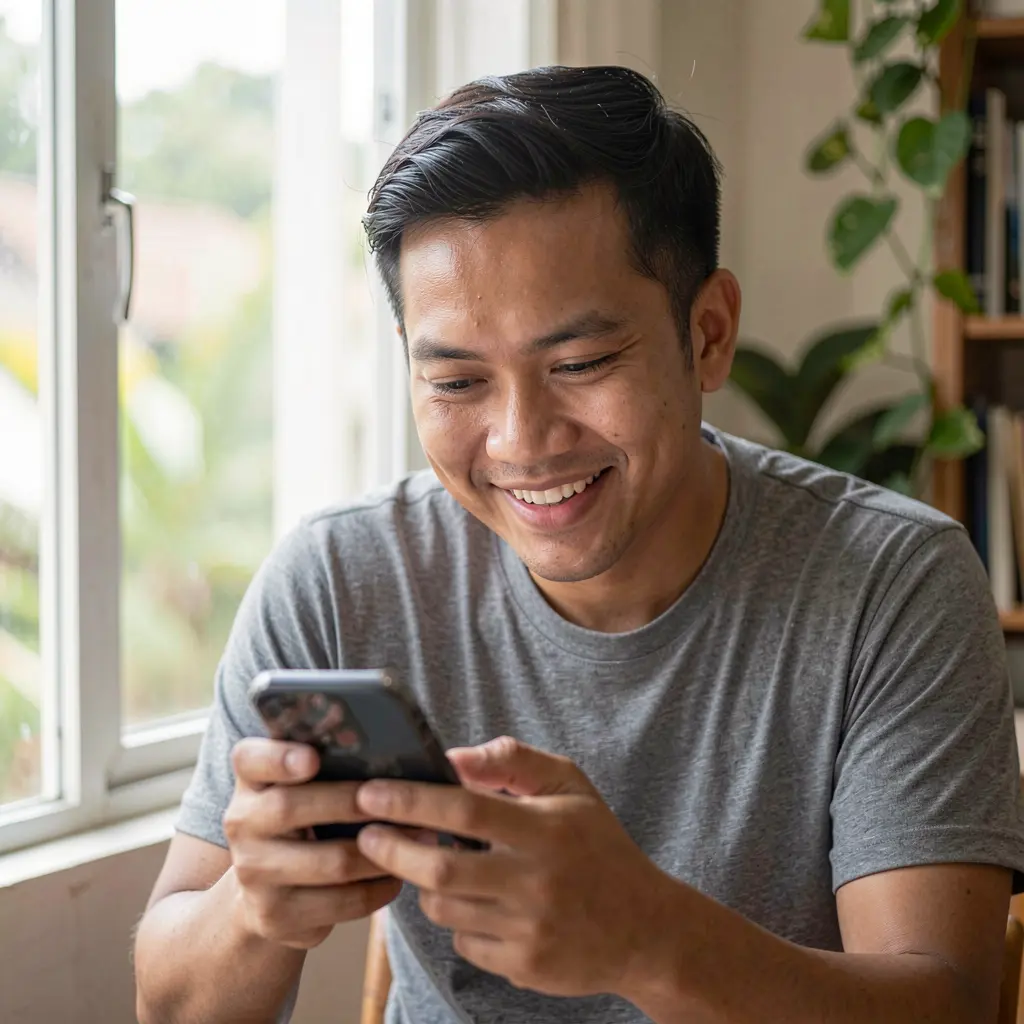 Smiling Filipino man relaxing at home while using the TAYA GM mobile app on his smartphone in soft natural daylight