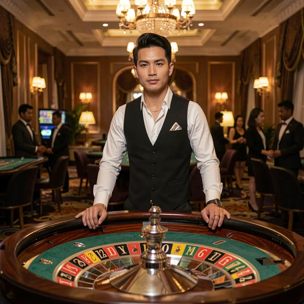 TAYA GM – Discover immersive live casino games for players in the Philippines Professional casino host standing confidently at a modern roulette table with vibrant lighting representing the high quality live casino experience at TAYA GM for players in the Philippines