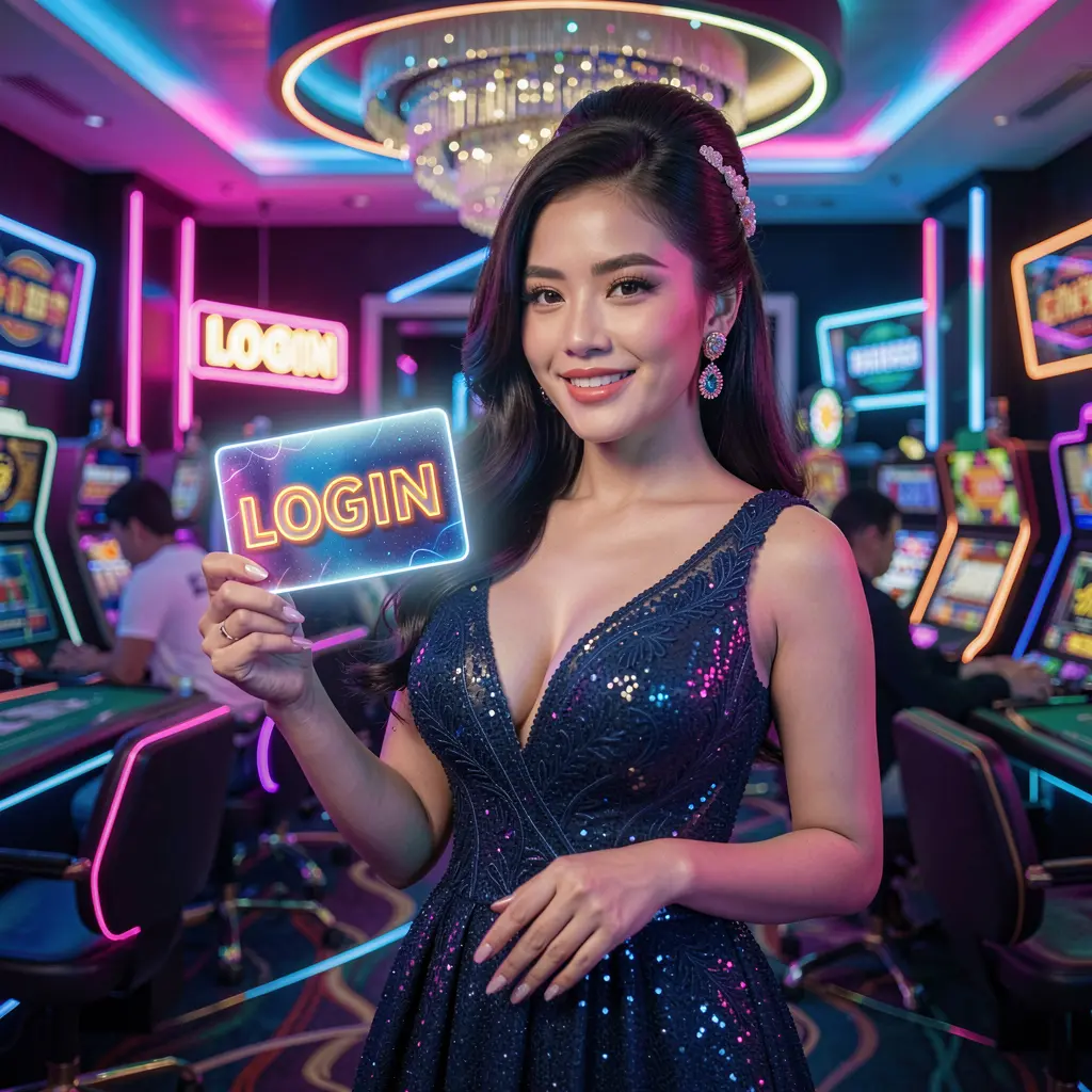 TAYA GM Login – Secure and stylish access to your gaming account in the Philippines Confident Filipino woman holding a glowing login card in a modern neon casino environment representing secure access at TAYA GM Philippines