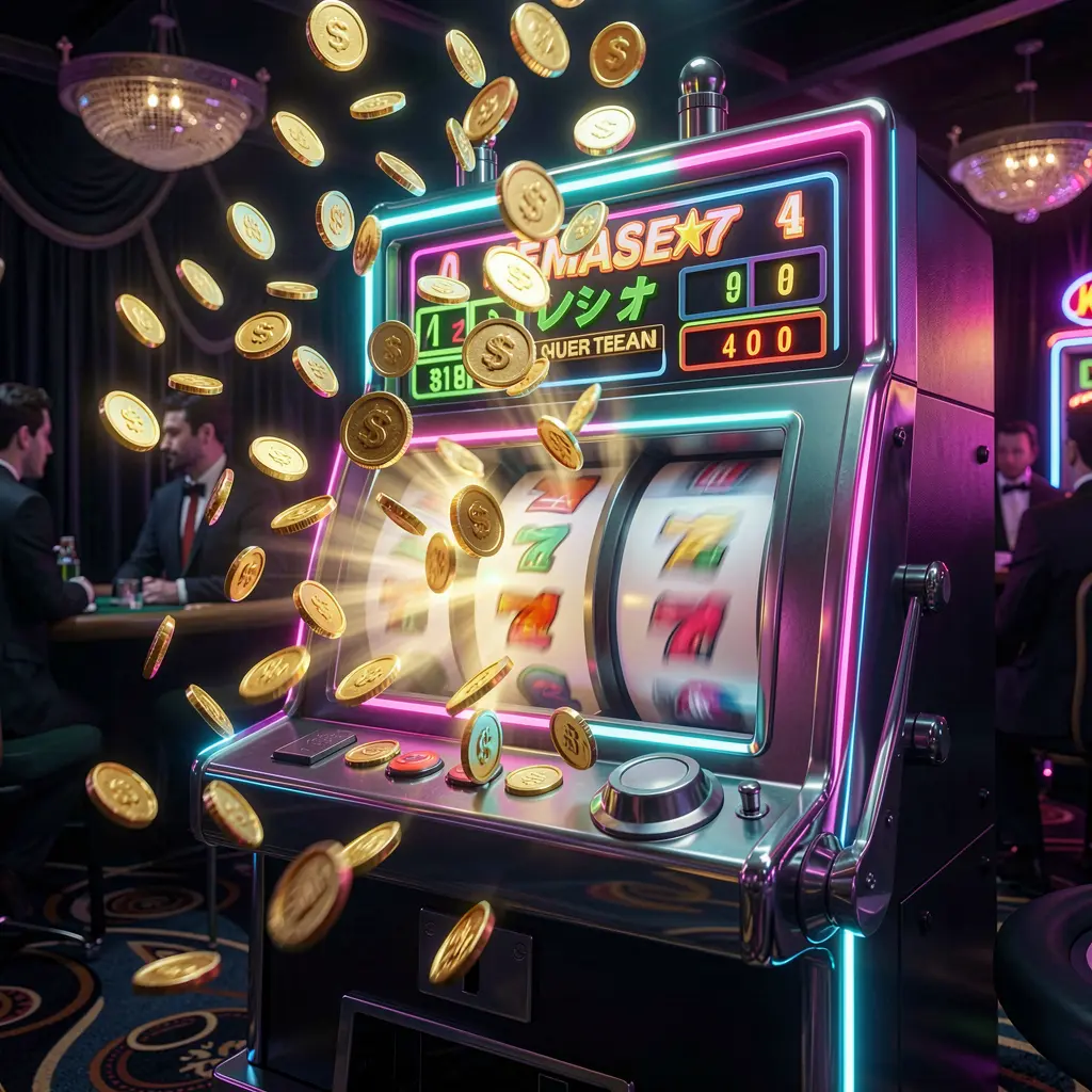 TAYA GM – Dive into an immersive slot machine experience in the Philippines Close-up of a modern slot machine with bright reels and falling coins inside a dark casino setting showcasing the immersive slot experience at TAYA GM for players in the Philippines
